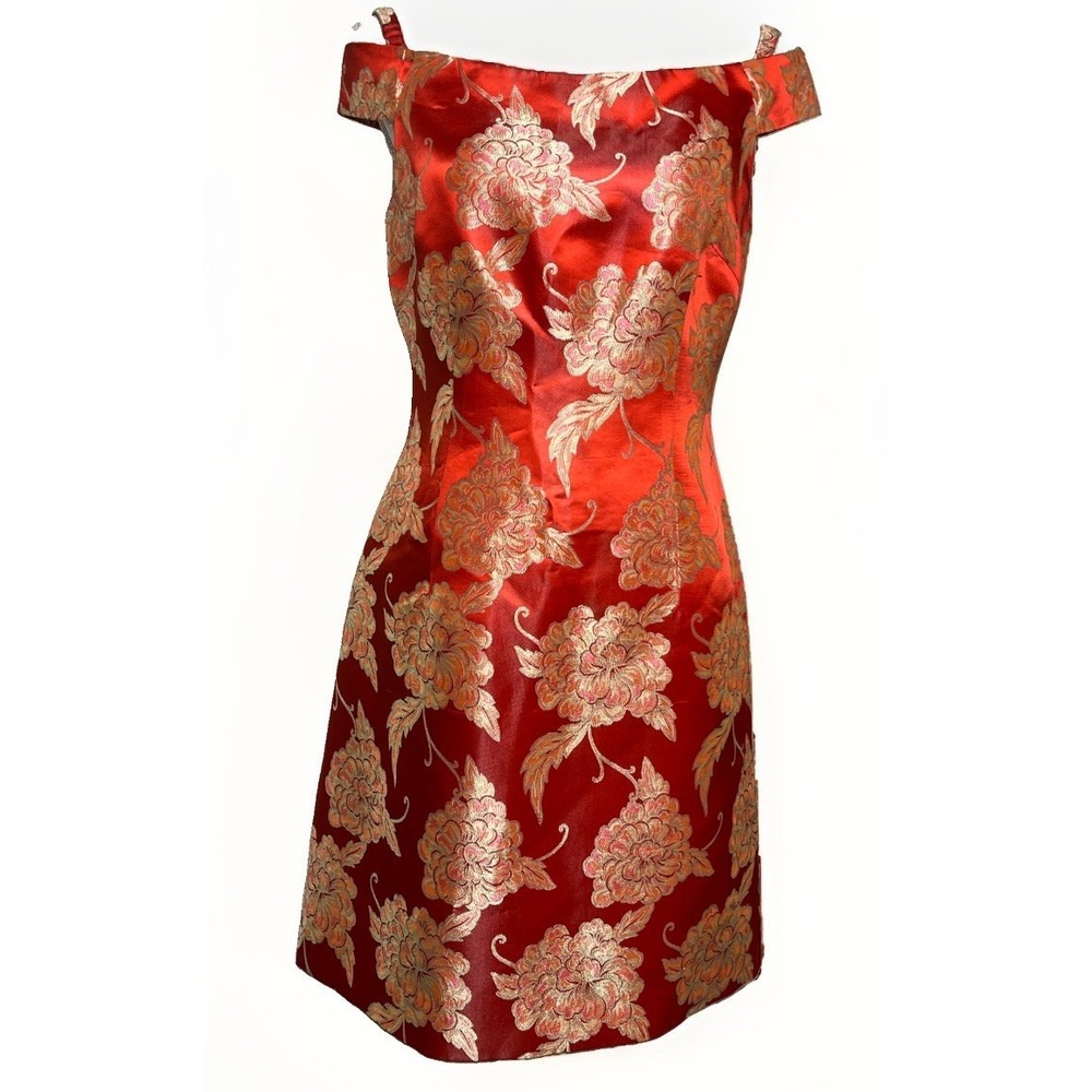 David Meister Cocktail Dress Womens Size 6 Orange Gold Floral Brocade USA